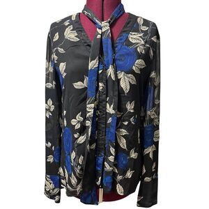 JASON WU COLLECTIVE Blue Floral Tie Neck Blouse Longsleeve Button Down Top EUC 8